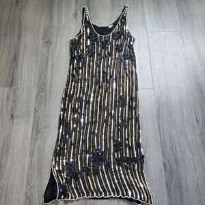 Vintage Silk Party Dress Flapper Whimsigoth Sequin Pearl Event Wedding Large